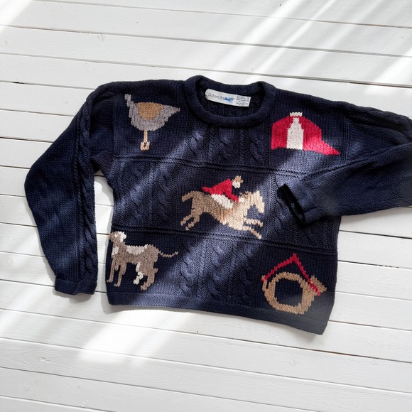 vtg Robert Scott navy blue equestrian horse dog hunting sweater - Picture 2 of 3